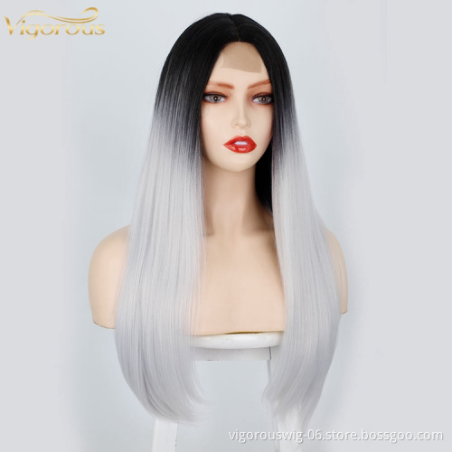 2 Tone Color Ombre Wigs Lace Front for Women Synthetic Long Straight Middle Part Heat Resistant Fiber Hair Natural Looking Wig
